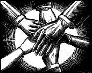 An image of hands coming together in a circle in a symbol of unity.