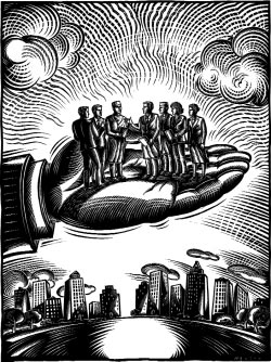 Image of a giant hand upon which two groups are standing and talking together.