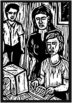 woodcut of student and teacher at computer