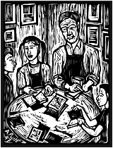 woodcut of man and kids reading