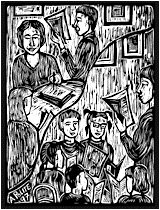 woodcut of kids reading