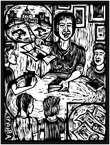 woodcut of woman and kids with books